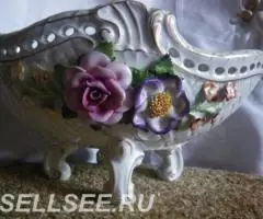 ФАРФОР. ГЕРМАН. ШИЕРХОЛЗ. ФРУКТОВНИЦА С 2мя КЕРУБИНО И ЦВЕТАМИ - 2